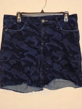 Rock & Republic Bumpershoot Dark Blue Camo Women's Denim Rollup Shorts, Size 14